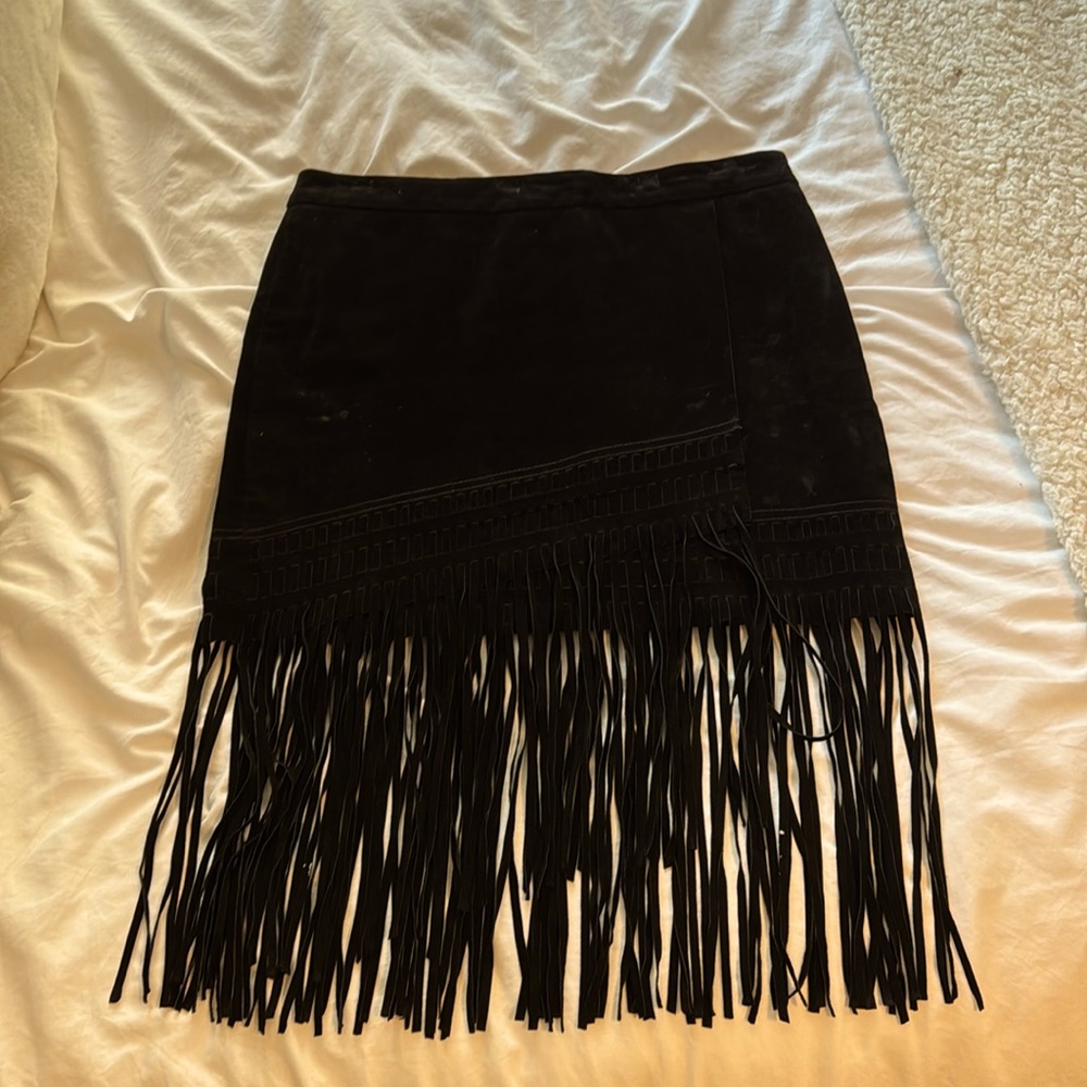 Blank NYC Black Suede Mini Skirt with Fringe